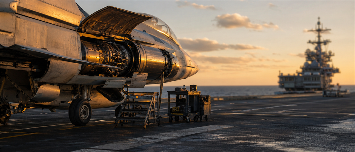 A fighter jet with open engine panels sits on an aircraft carrier deck at sunset, with the ship's superstructure visible in the background.