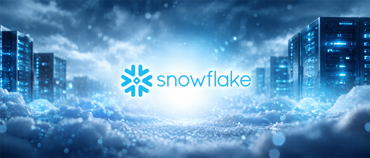 Snowflake logo displayed against a digitally rendered background of illuminated data server towers and snow.
