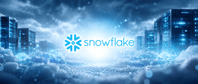 Snowflake logo displayed against a digitally rendered background of illuminated data server towers and snow.