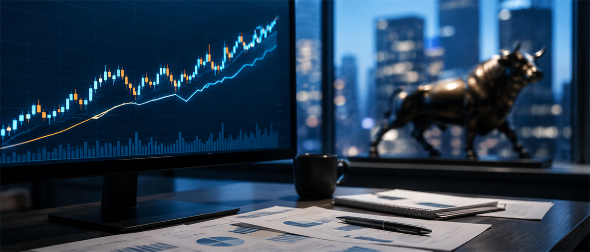 Desk with a monitor showing an upward stock price chart, printed financial reports, and a bronze bull statue.
