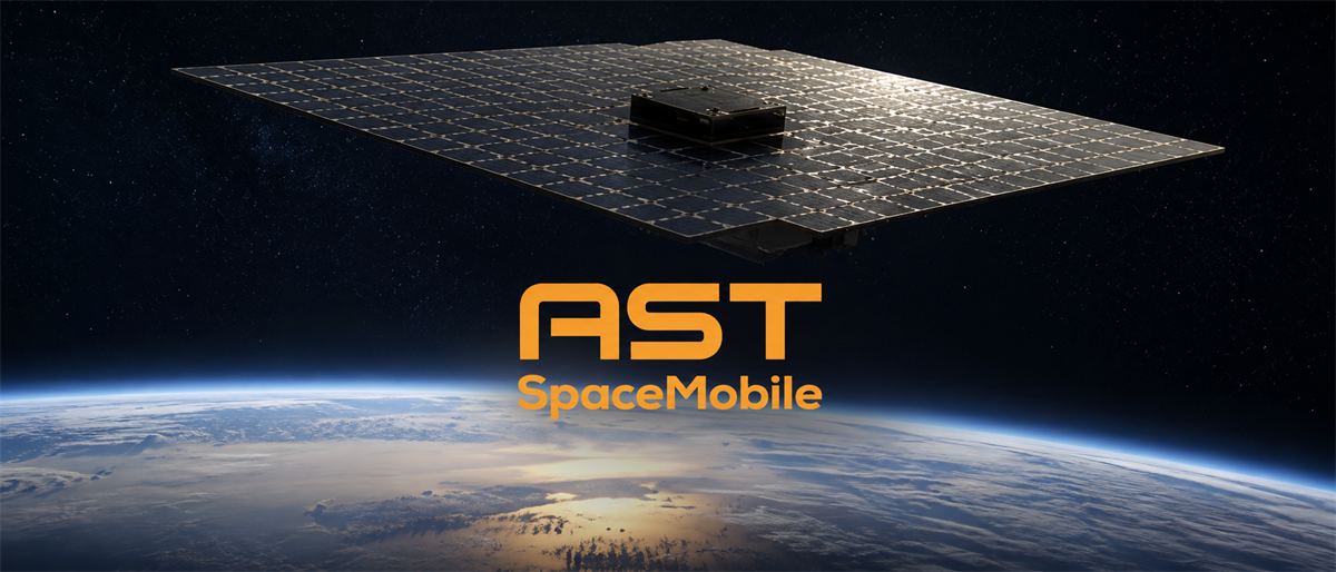 AST SpaceMobile logo with a large satellite in orbit above Earth against a starry background.