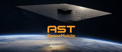AST SpaceMobile logo with a large satellite in orbit above Earth against a starry background.