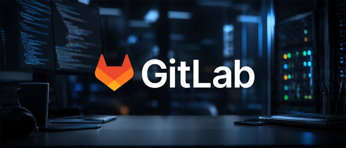 GitLab logo and company name displayed over a dim office desk with computer monitors showing code in the background.