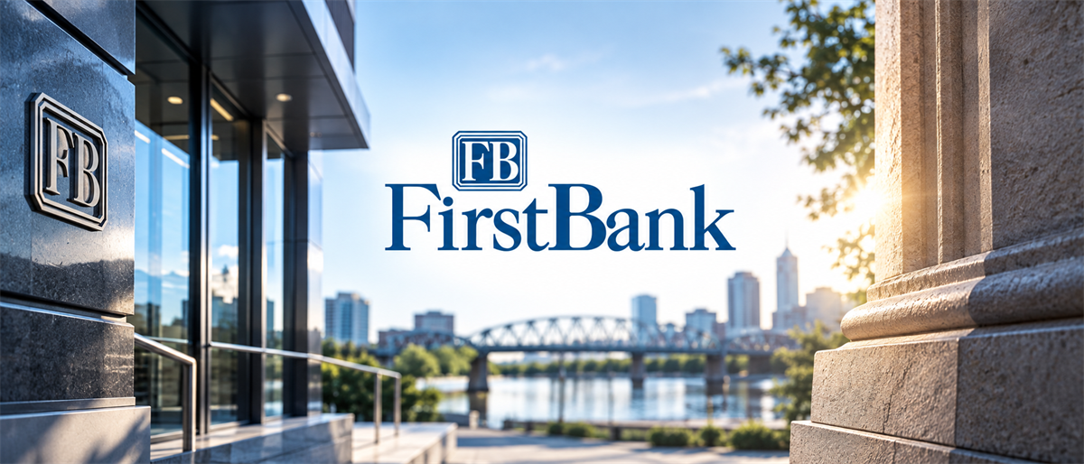 FirstBank logo displayed over a city skyline with a bridge, river, and modern building exterior.