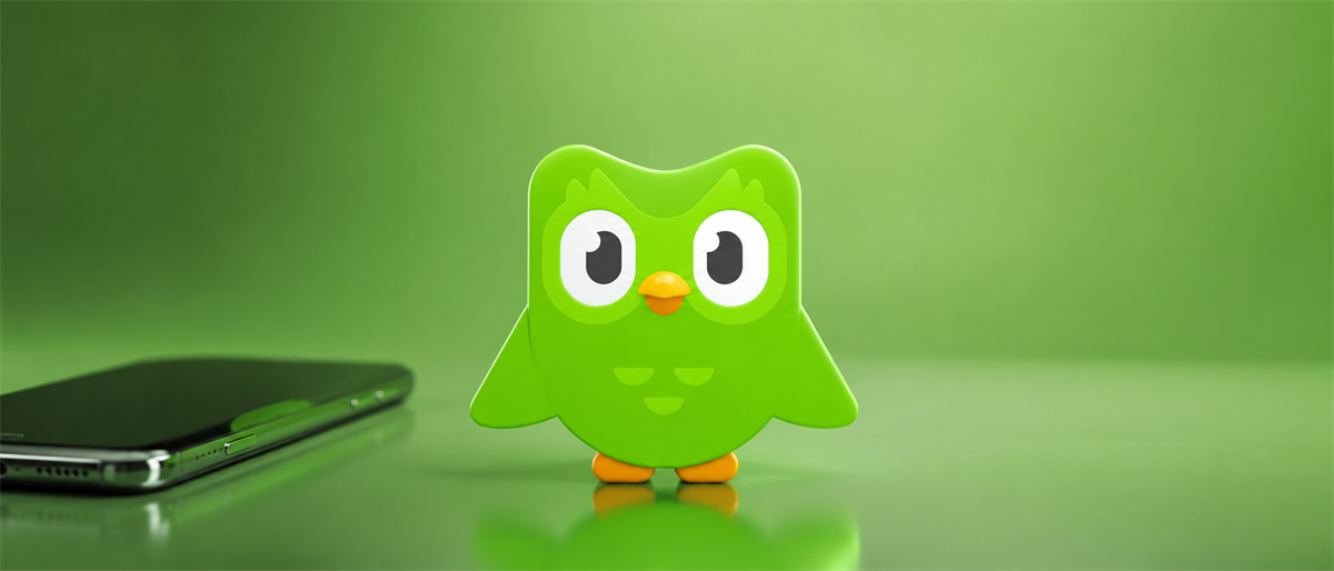Duolingo's green owl mascot figurine displayed next to a smartphone against a green background.
