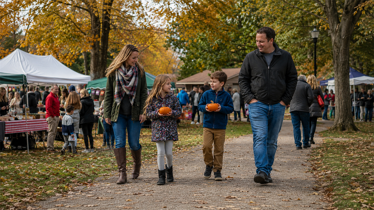 Parents walking with children who are holding pumpkins at a Fall festival