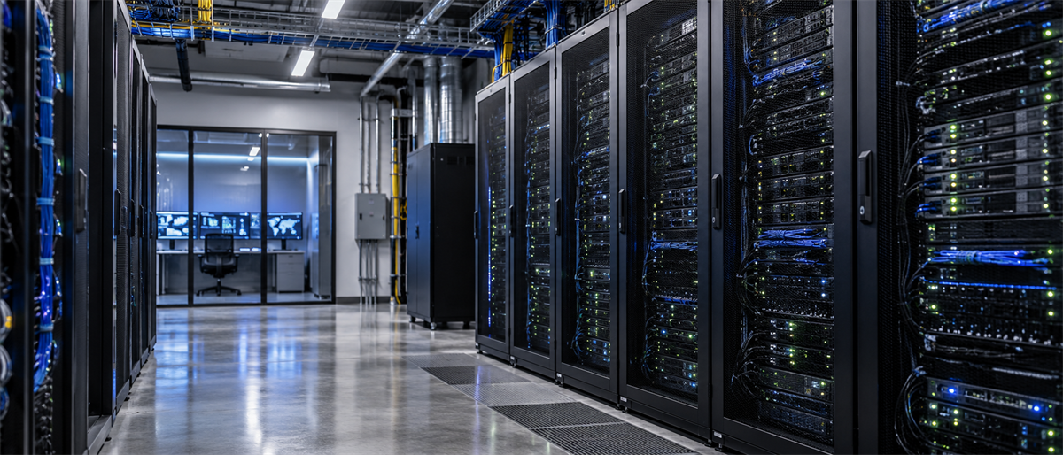 Data center hallway with rows of server racks and cables, plus a monitoring room with computer screens in the background.