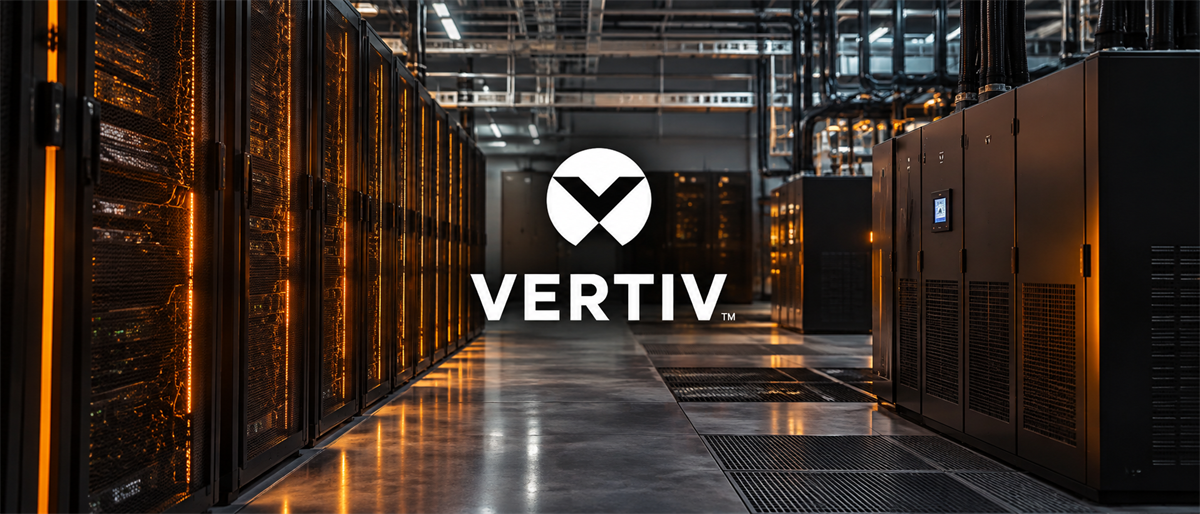 Vertiv logo displayed in a data center aisle lined with server racks and power equipment.
