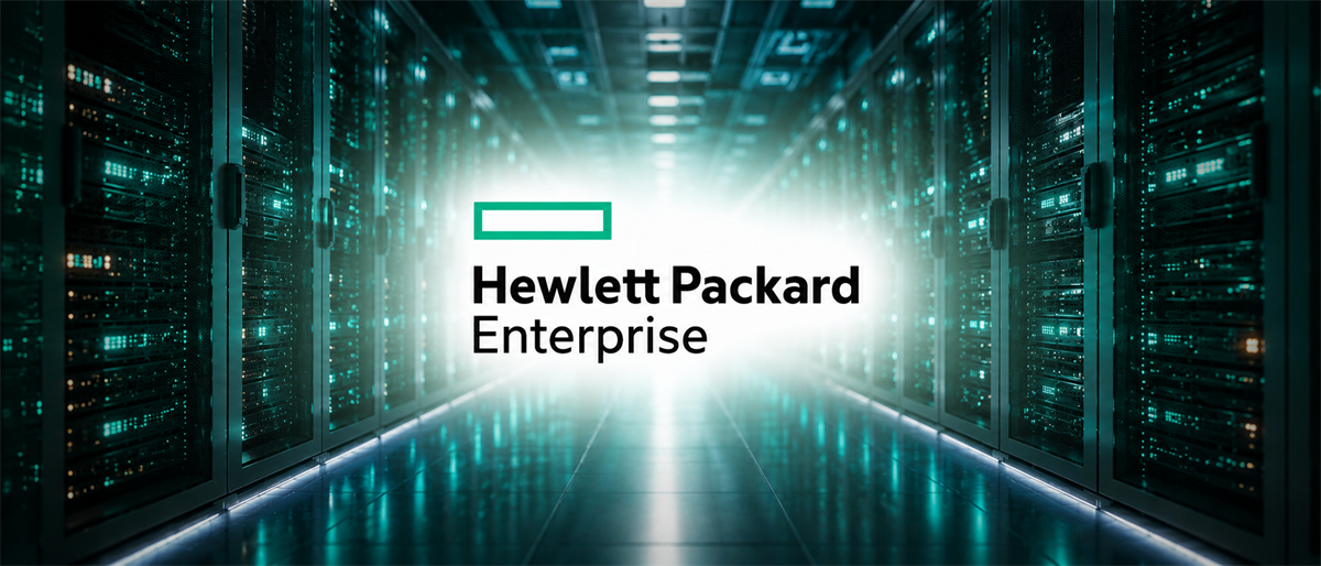 Hewlett Packard Enterprise logo displayed in a data center aisle lined with illuminated server racks.