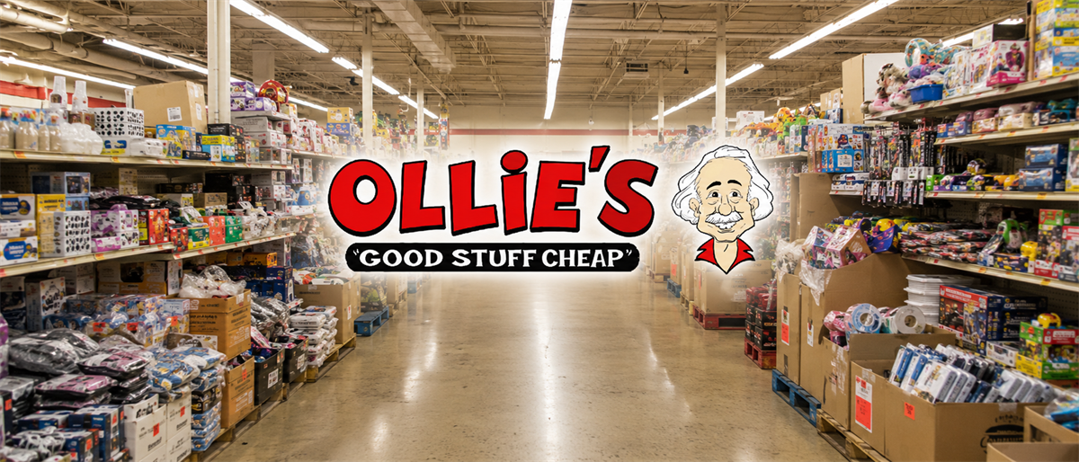 Ollie's Bargain Outlet logo and mascot overlaid on a store aisle stocked with merchandise on shelves.