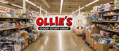 Ollie's Bargain Outlet logo and mascot overlaid on a store aisle stocked with merchandise on shelves.