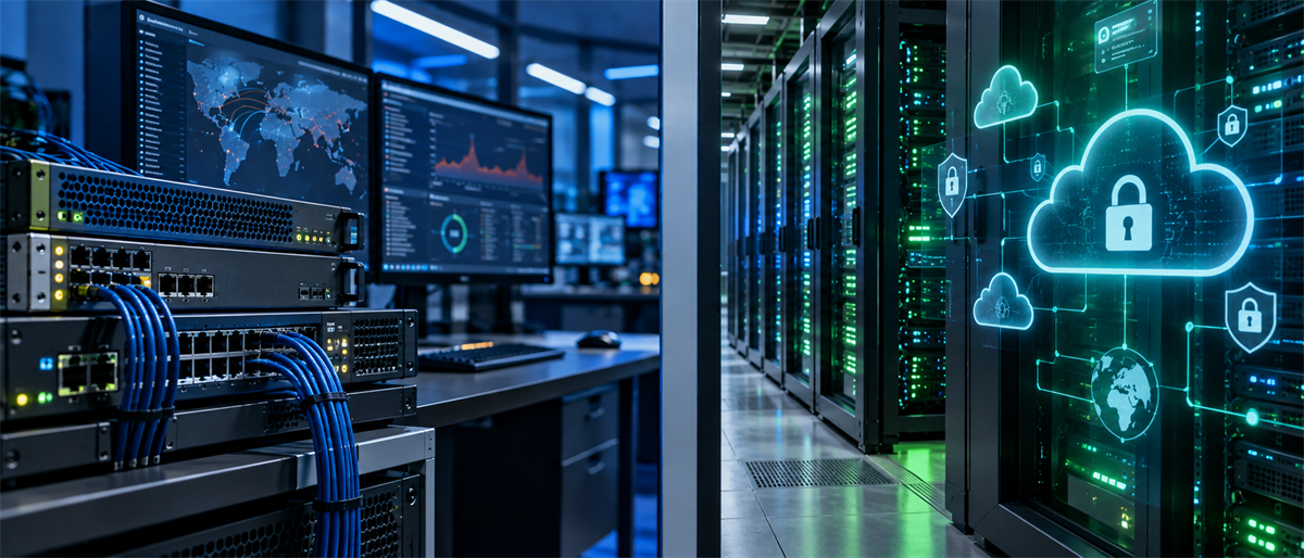 Data center with server racks, network switches, monitoring screens, and a digital cloud security and lock icon overlay.