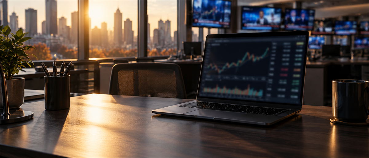 Laptop displaying a stock price chart on a desk, with background TVs showing financial news and a city skyline.