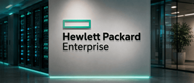 Hewlett Packard Enterprise logo and name displayed on a wall beside a server data center corridor.