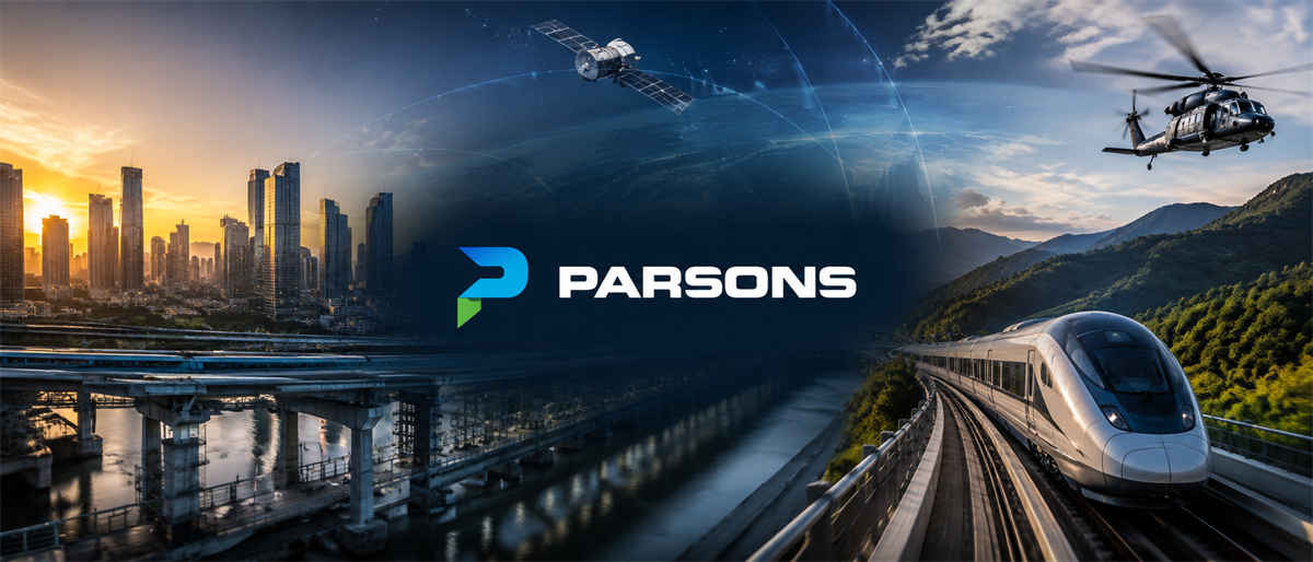 Parsons logo centered over a composite image showing a city skyline, satellite, helicopter, and high-speed train.