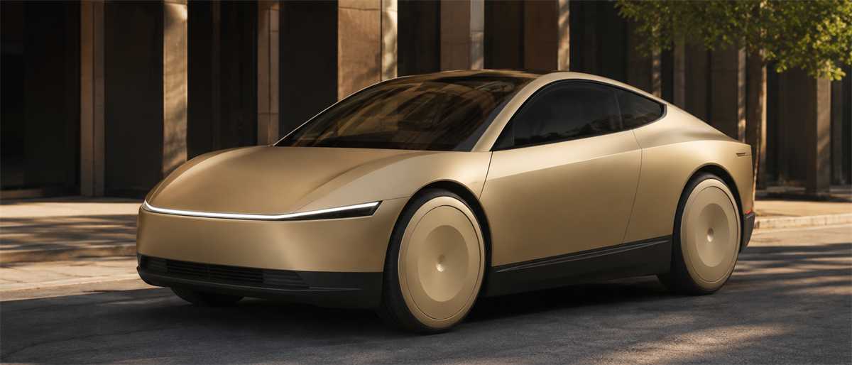 Gold-colored concept electric vehicle with a smooth, minimalist body parked outdoors near a building and tree.
