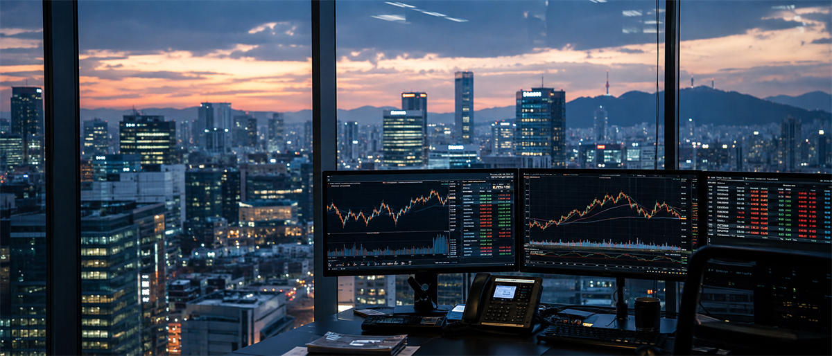 Trading desk with multiple monitors showing stock price charts and market data, overlooking a city skyline at dusk.