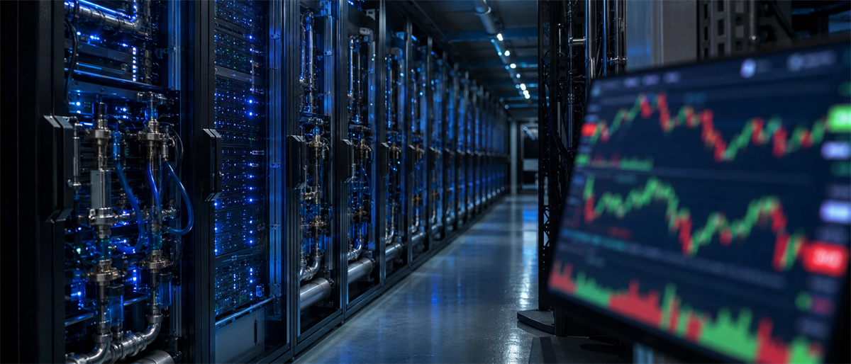 Server racks with blue lighting in a data center, with a candlestick stock price chart displayed on a monitor.