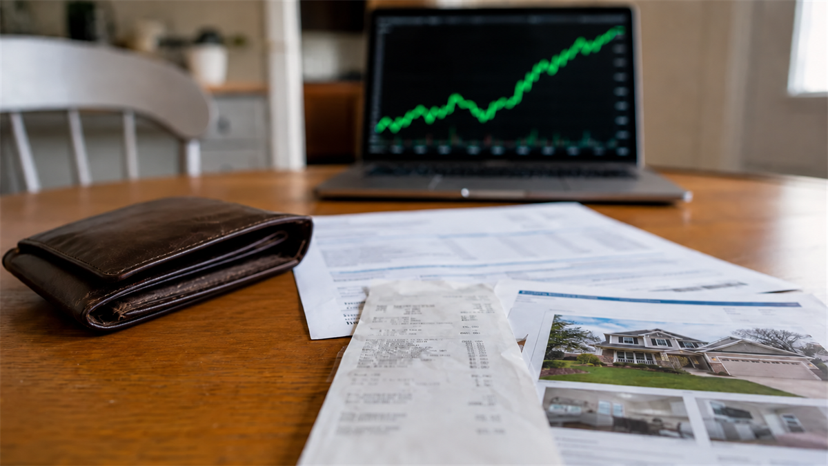 A wallet, receipts, and real estate listings sit on a table beside a laptop showing an upward stock chart.