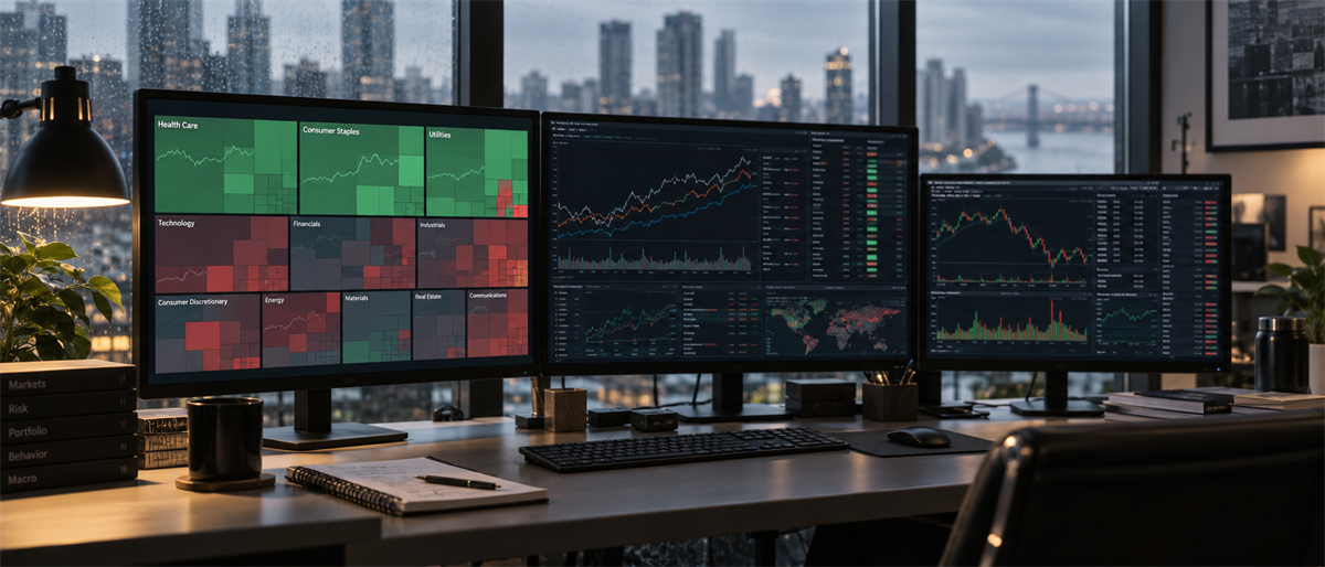 Desk setup with three monitors displaying a sector heat map, stock price charts, and market data above a city skyline view.