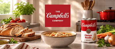 The Campbell's Company logo displayed with a can of Chicken Noodle Soup and a bowl of soup in a kitchen setting.