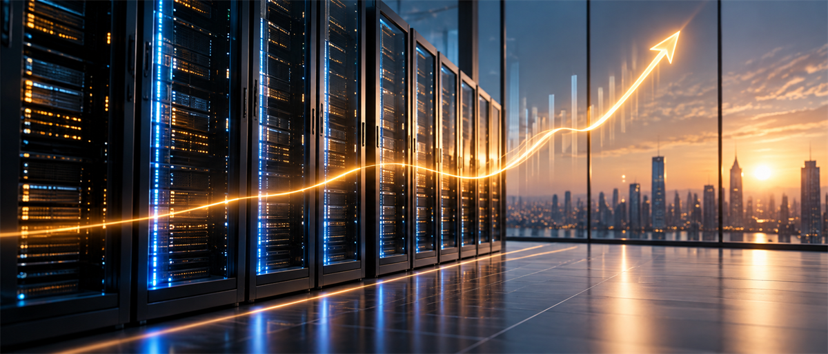 Illustration of a server data center with an upward-trending chart line overlaid against a city skyline at sunset.