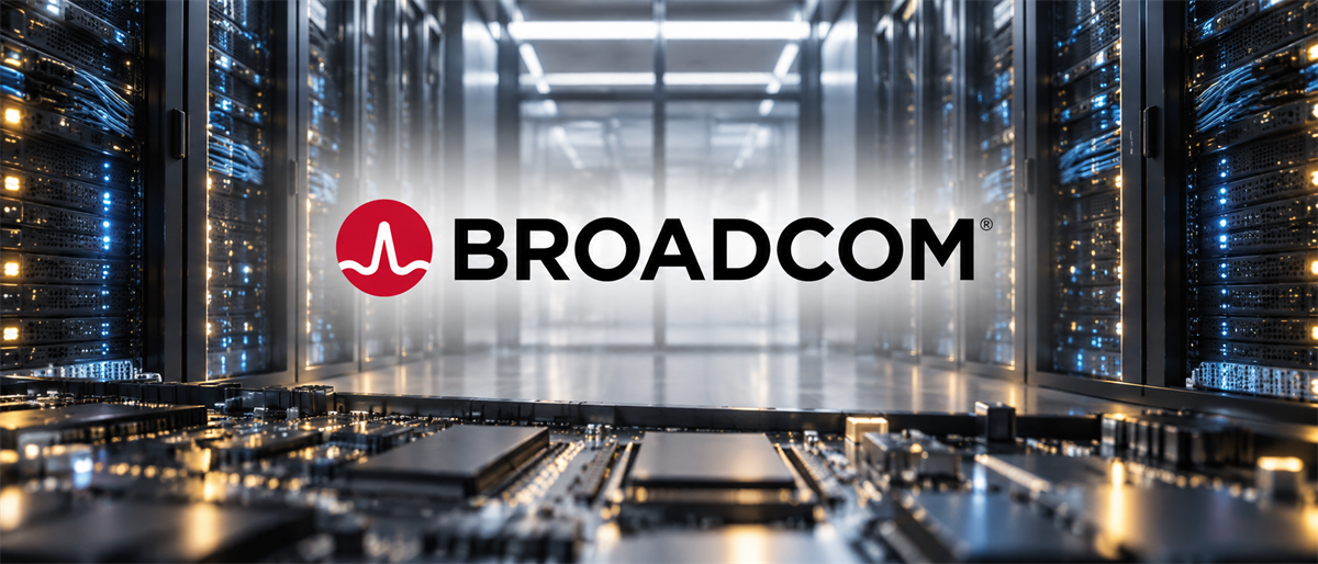 Broadcom logo displayed in a data center aisle lined with illuminated server racks and computer chips.