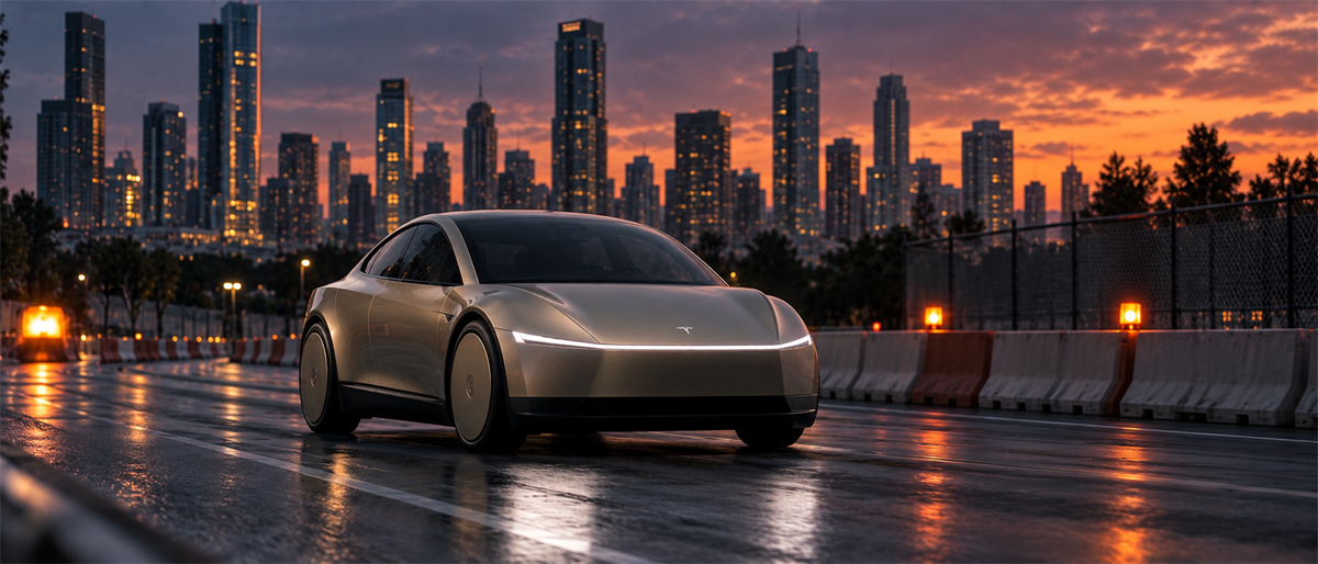 A Tesla concept vehicle with illuminated front light bar drives on a road against a city skyline at dusk.
