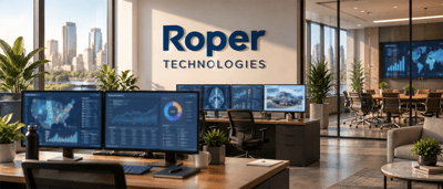 Office workspace with multiple computer monitors displaying data charts, near a wall with the Roper Technologies logo.