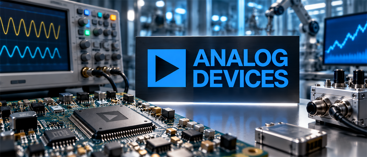 Analog Devices logo displayed on a lab bench with an oscilloscope, circuit board, and stock chart monitor.
