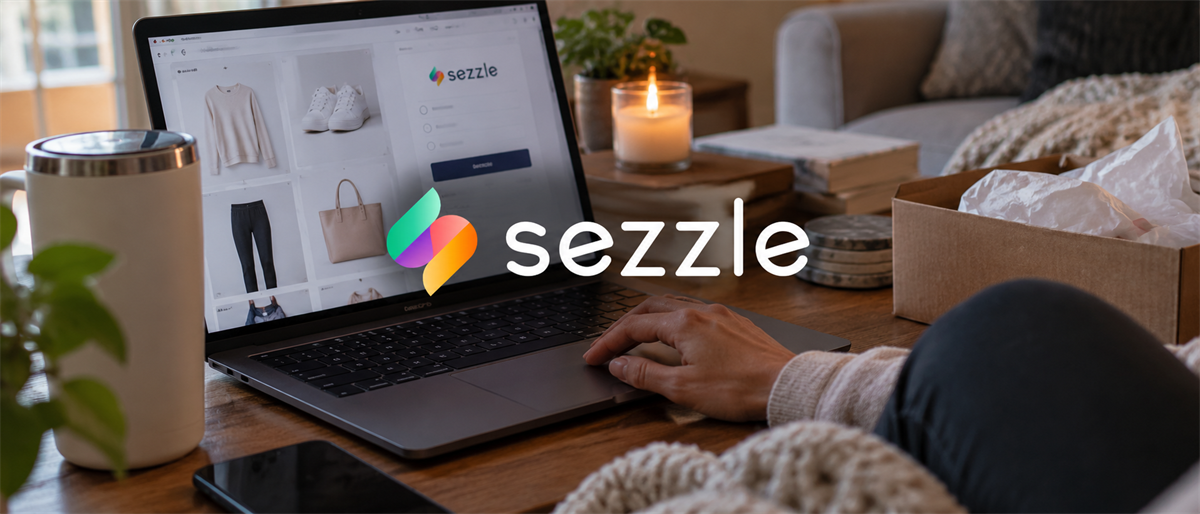 Sezzle logo overlaid on a laptop showing a shopping checkout page, with a person's hand on the trackpad.