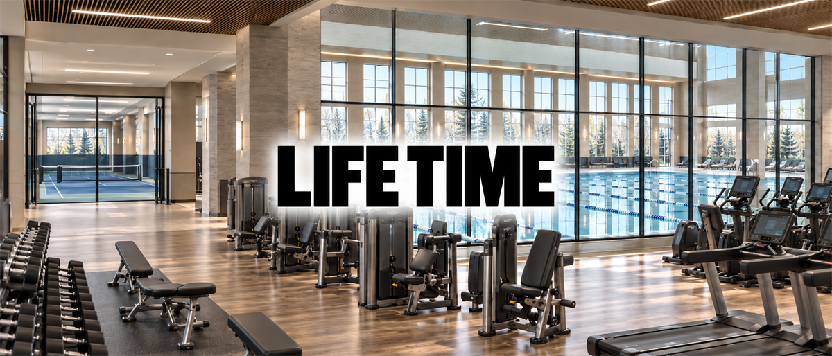 Life Time logo overlaid on a fitness club interior with gym equipment, indoor pool, and pickleball courts.