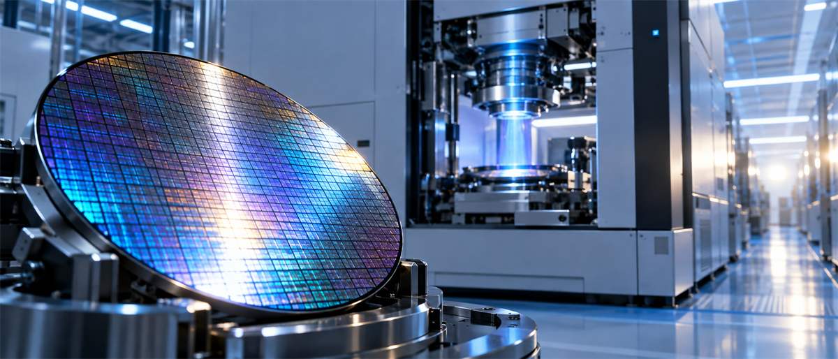 A semiconductor wafer held by robotic arms in a cleanroom, with fabrication equipment visible in the background.