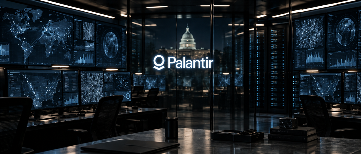 Palantir logo illuminated in a dark control room with data monitors and a U.S. Capitol building visible in the background.
