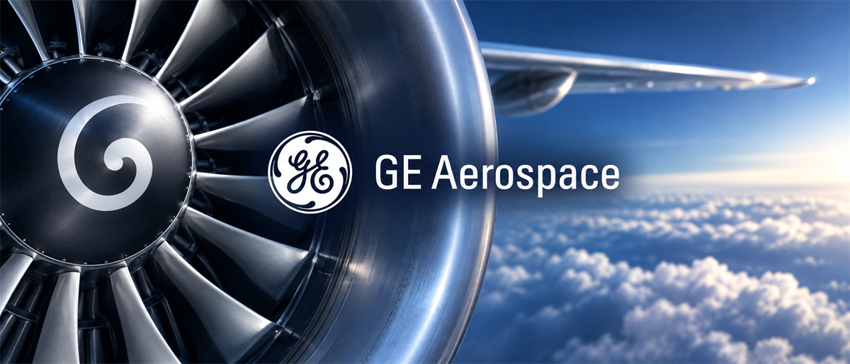 Jet engine turbine with GE Aerospace logo and a plane wing visible above clouds in the sky.