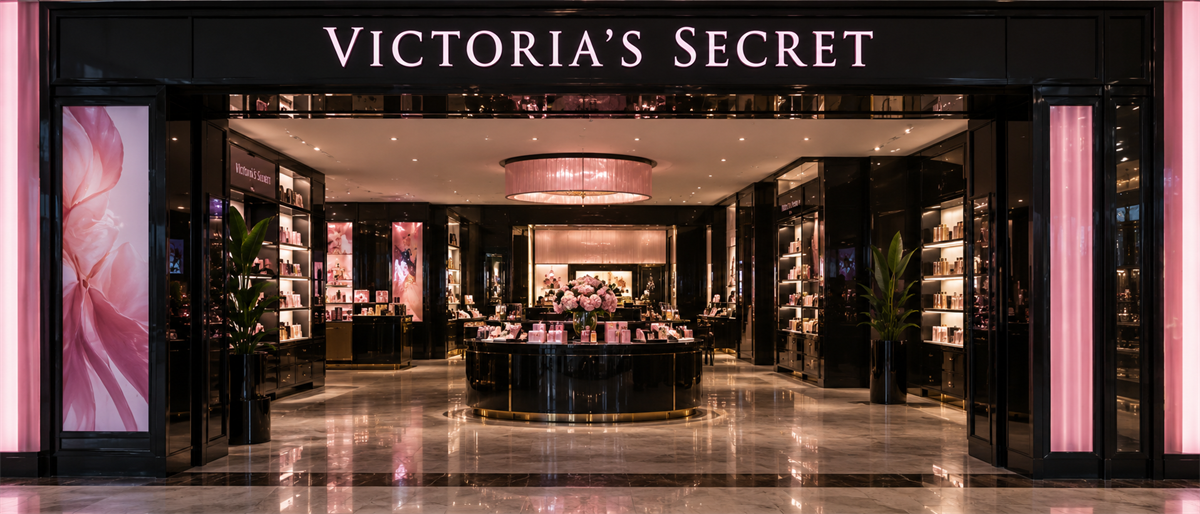 Storefront entrance of a Victoria's Secret retail store with illuminated sign, display shelves, and central merchandise table.