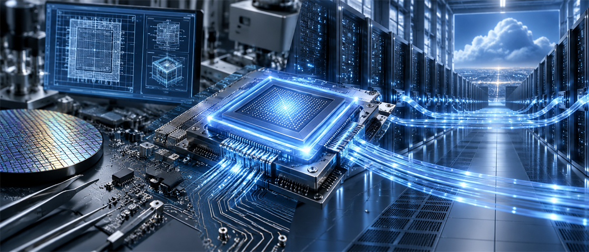 Illustration of a glowing semiconductor chip on a circuit board with a silicon wafer and data center server aisle.