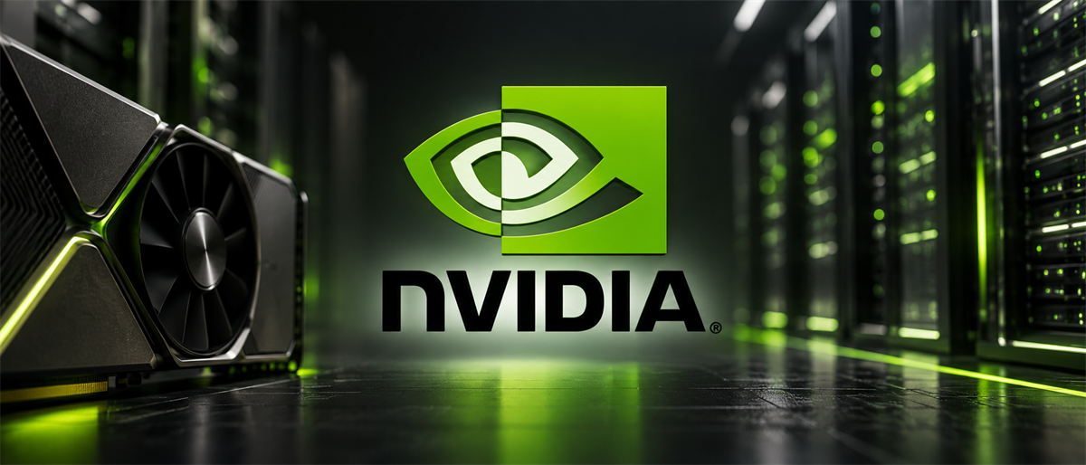 Nvidia logo and graphics card displayed in front of illuminated server racks in a data center.