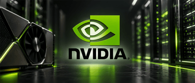 Nvidia logo and graphics card displayed in front of illuminated server racks in a data center.
