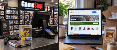 Split image showing a GameStop store checkout counter beside a laptop displaying the eBay website, with a graded Pokémon card nearby.