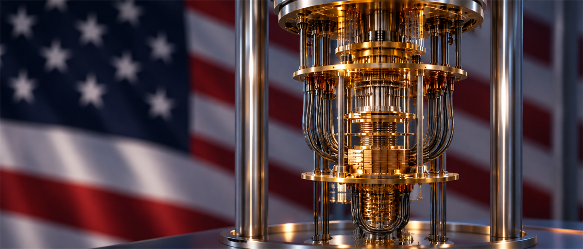 A gold-and-metal quantum computing cryostat with layered cooling stages, set against a blurred American flag backdrop.