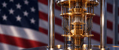 A gold-and-metal quantum computing cryostat with layered cooling stages, set against a blurred American flag backdrop.