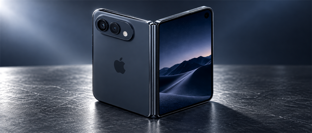Rendering of a folded Apple iPhone Duo smartphone concept with dual rear cameras and a desert landscape displayed on screen.