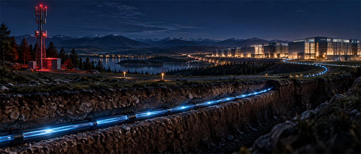 Illustration of a glowing fiber optic cable buried in a trench leading to a lit data center complex at night.