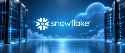Snowflake logo illuminated between server racks in a data center with a digital cloud graphic overhead.