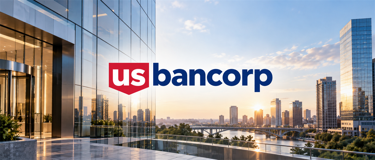 U.S. Bancorp logo displayed over a glass office building with a city skyline and river in the background.