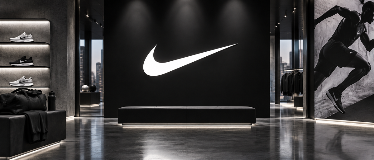 Nike swoosh logo displayed on a dark wall inside a retail store, with shoes and a runner mural nearby.
