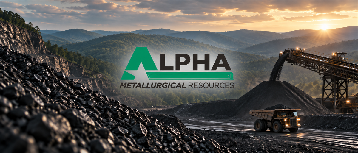 Alpha Metallurgical Resources logo over a coal mining site with piles of coal, a conveyor, and a haul truck.