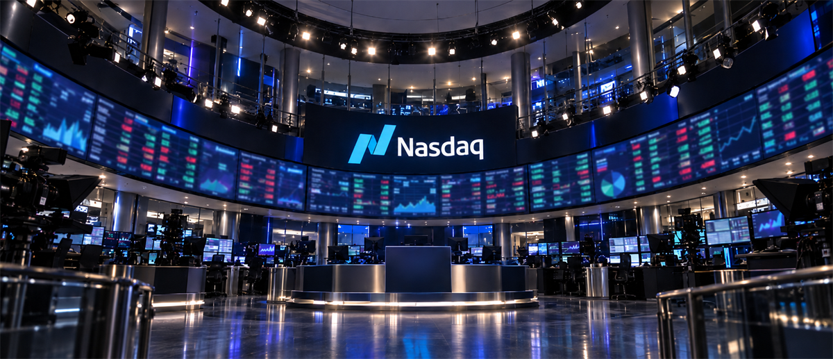 Nasdaq logo displayed beneath curved digital screens showing stock market data in the Nasdaq MarketSite studio.