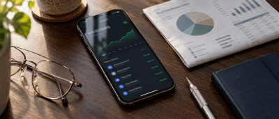 Smartphone displaying a rising stock price chart on a desk with glasses, a financial newspaper, and a notebook.
